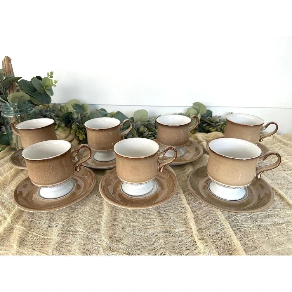 Seven 1980's Seville Denby Langley cup saucer tan cream‎ England Stoneware VTG